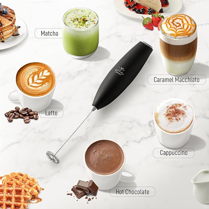 Zulay Kitchen Milk Frother Handheld Electric Whisk – Frother Wand with 2 Duracell Batteries, Durable Drink Mixer, Coffee Frother, Hand Blender, Frother for Protein Powder, Matcha & More - Black