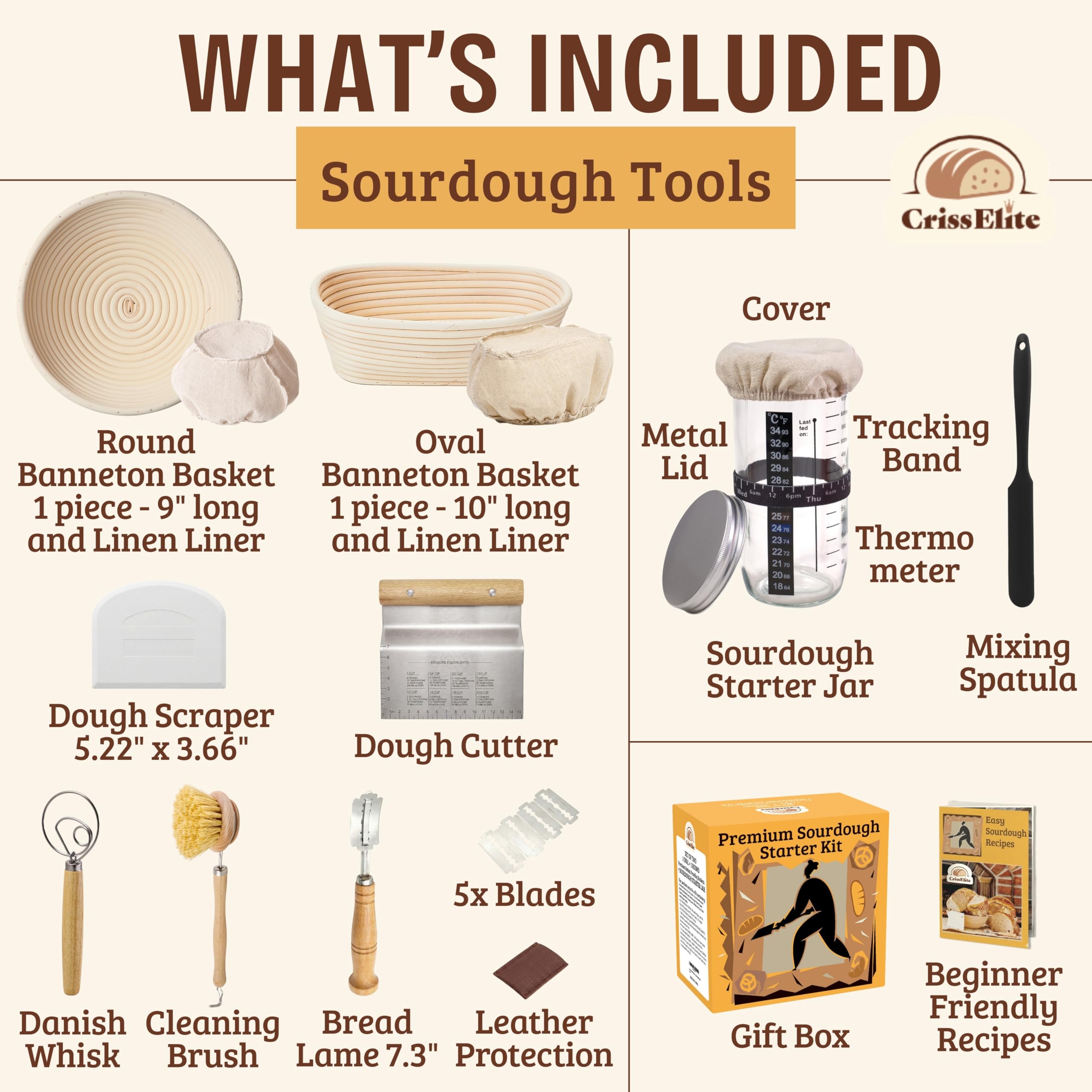 Sourdough Starter Kit – Complete Sourdough Bread Baking Supplies with 24oz Glass Sourdough Starter Jar, 9” Round & 10” Oval Banneton Proofing Basket Set, Sourdough Tools – Artisan Gift for Bakers