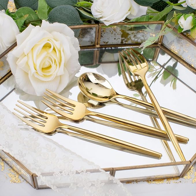 SUT 200PCS Plastic Forks and Spoons Heavy Duty Set, Gold Disposable Silverware, gold Cutlery, Disposable Utensils, Plastic Flatware Includes 100 Forks, 100 Spoons for Party
