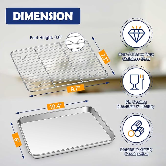 10.4” Baking Sheet Pan with Rack, Joyfair Stainless Steel Toaster Oven Tray