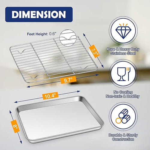 10.4” Baking Sheet Pan with Rack, Joyfair Stainless Steel Toaster Oven Tray