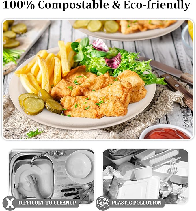 FEHHTO Compostable Paper Plates Set, 250PCS Disposable Heavy-Duty Sugarcane Plate and Eco-Friendly Utensil Biodegradable Dinnerware Plates, Extra Long Forks & Knives & Spoons for Party