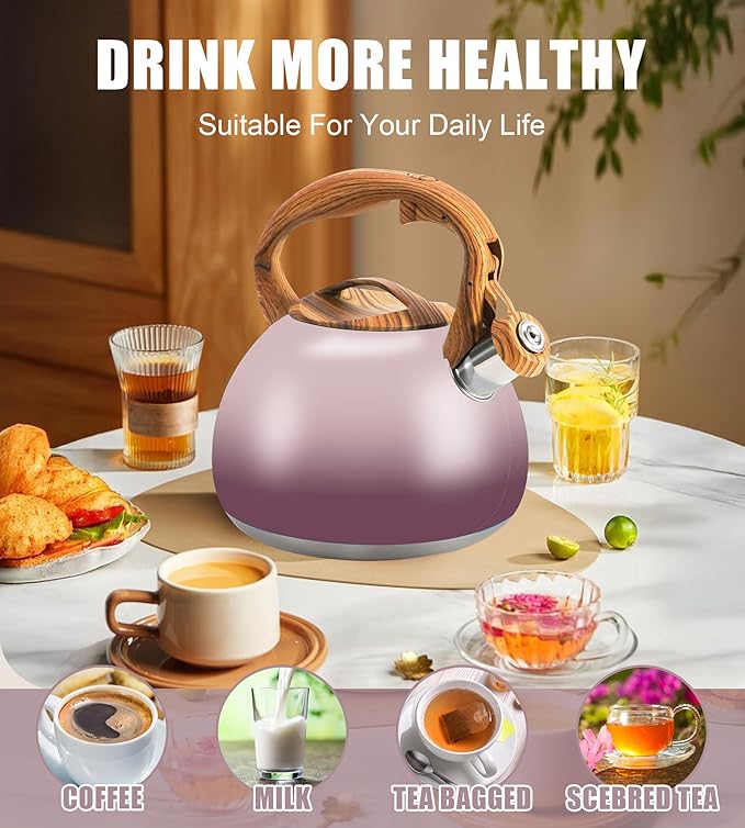 Foedo Tea Kettle for Stove Top, 3.2QT Whistling Tea Pots with Wood Parttern Handle, Stainless Steel Teapot for Home and Kitchen (Purple Gradient)