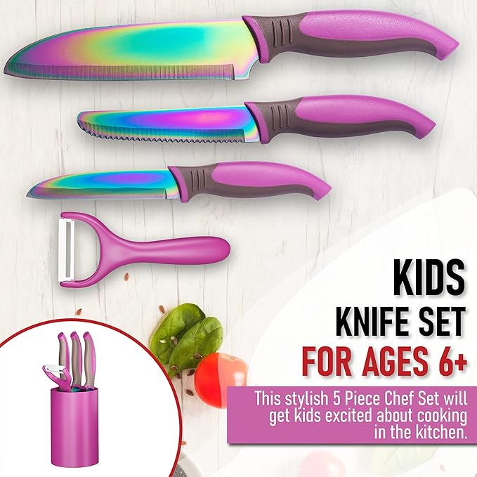 TruChef 5-Piece Kids Knife Set for Real Cooking | Stainless Steel Chef, Paring & Serrated Knives with Peeler & Holder | Safe Junior Chef Cooking Set for Kids (5 pcs, Pink)
