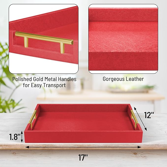ATZYmolin 17"x12" Leather Serving Tray, Gold Handle Vanity Platter, Red