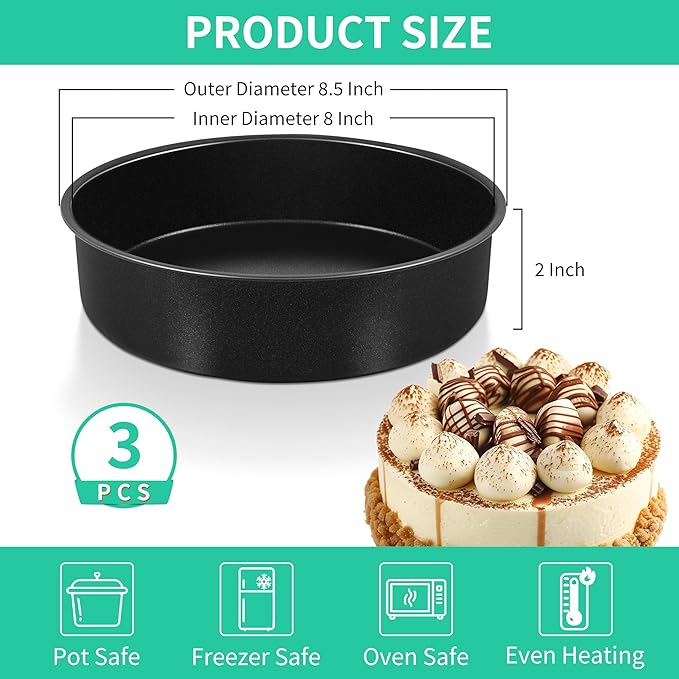 P&P CHEF 8 Inch Cake Pan Set of 3, Non-Stick Round Cake Pans