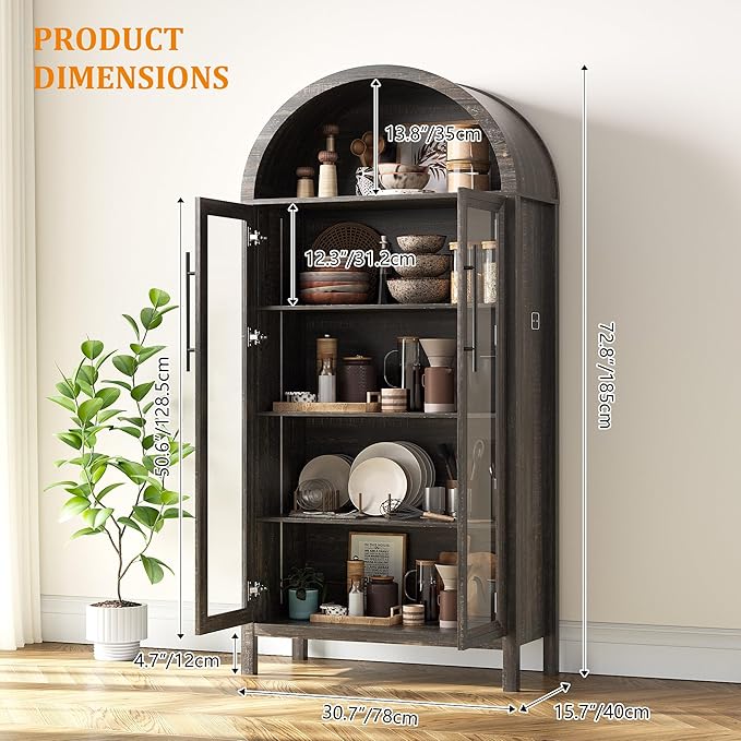 Dystler Arched Kitchen Pantry Cabinet with Glass Doors, Display Curio Case with 3 Color LED Lights for Collectibles, Modern 5-Tier Storage Hutch Cabinet Brown