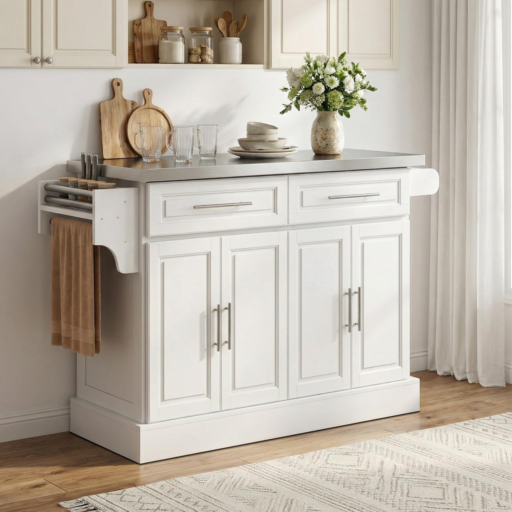 HOMCOM Rolling Kitchen Island Cart with 47" Stainless Steel Top White