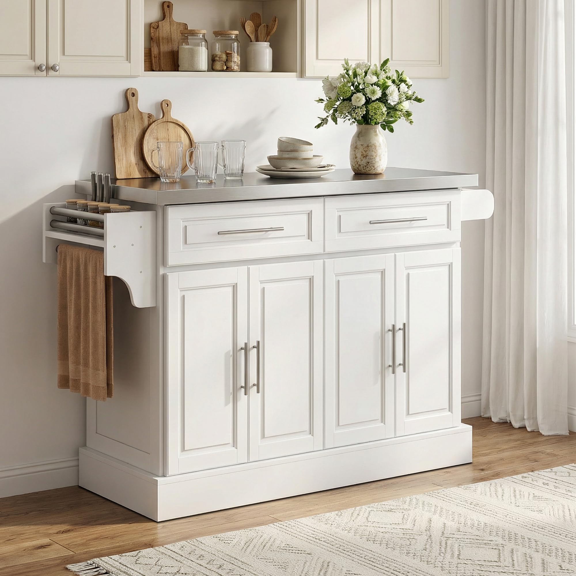 HOMCOM Rolling Kitchen Island Cart with 47" Stainless Steel Top White