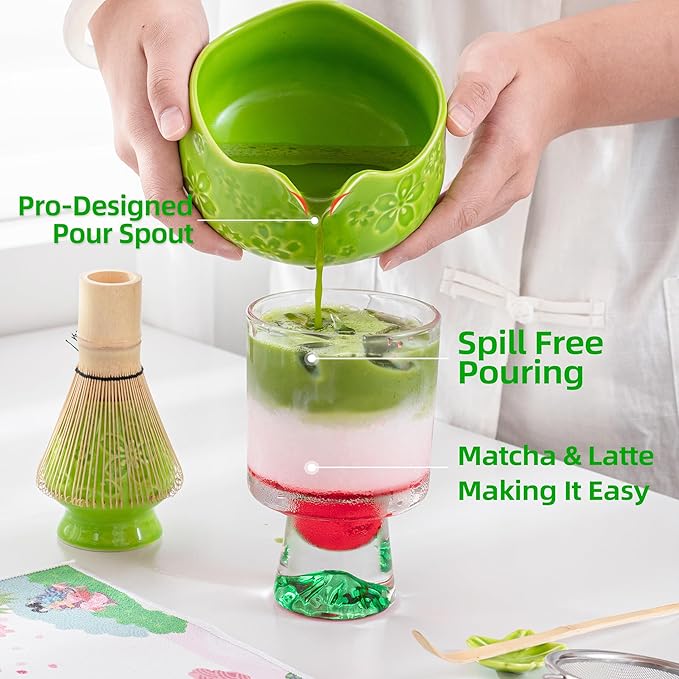 TEANAGOO 7-PCS Green Matcha Whisk Set, Complete Ceremony Start Kit, Ceramic Chawan Bowl with Spout, Whisk & Accessories, Traditional Matcha Tea Set for Lattes& Gift Giving