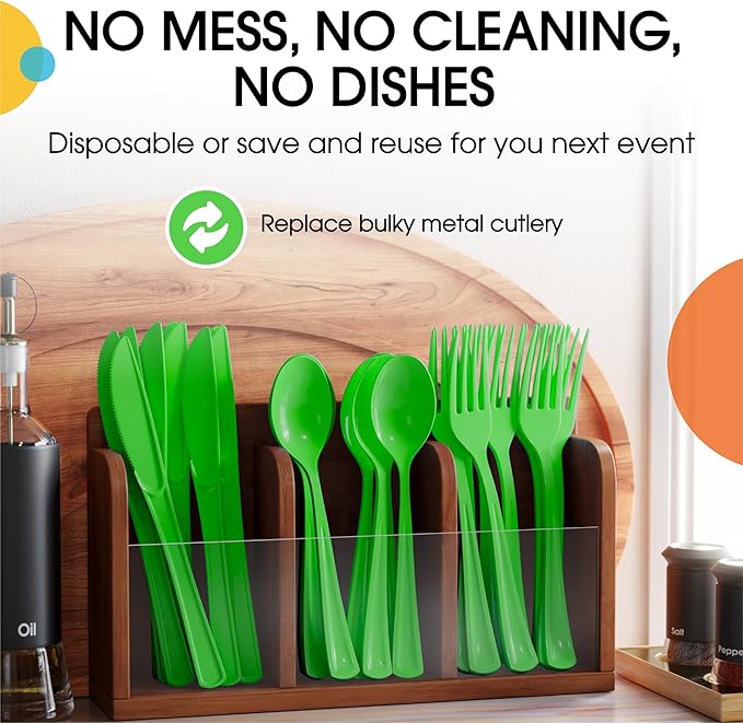 Party Solids Lime Green Plastic Silverware Heavy Duty 150 Pieces Lime Green Disposable Silverware Heavy Duty, Utensil Sets, 50 Of Each Forks, Knives & Spoons Disposable Cutlery Set For Party Supplies