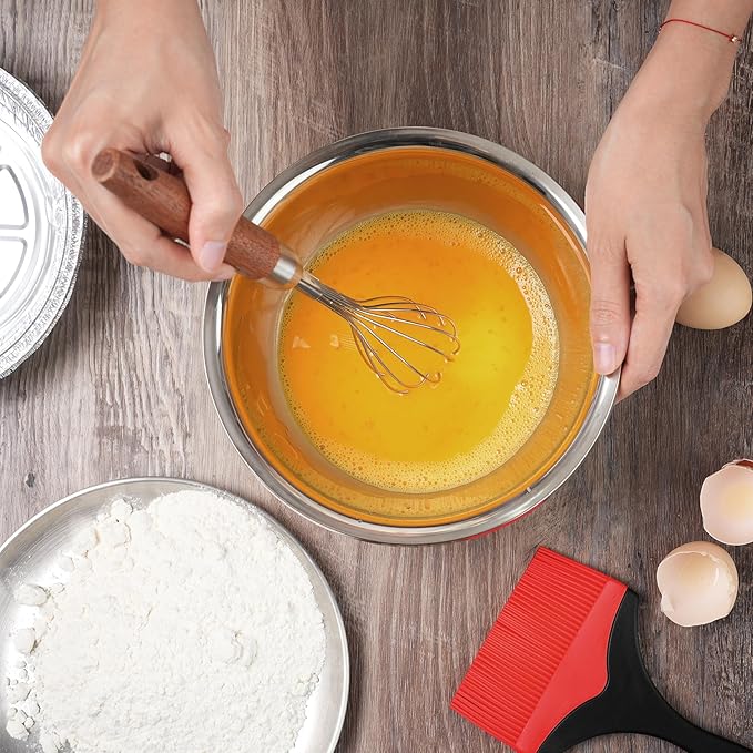 EVNSIX Stainless Steel Wire Cooking Whisk, Multi Function Kitchen Hand Whisk Non Stick Balloon Whisk Egg Beater for Blending Whisking Beating Frothing Stirring Batters,Wooden Handle (11""L x 2.1""W)