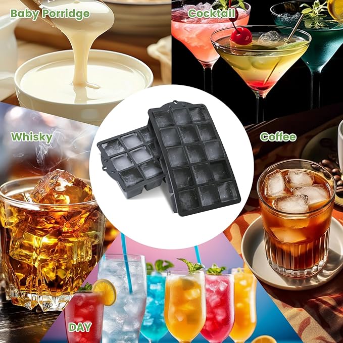 FANYITY Silicone Ice Cube Tray with Lid, Black, Pack of 2 Ice Cube Moulds, Silicone Mould, BPA-Free, Stackable Ice Cube Tray, Ice Cube Trays for Baby Porridge, Cocktail, Whiskey, Coffee
