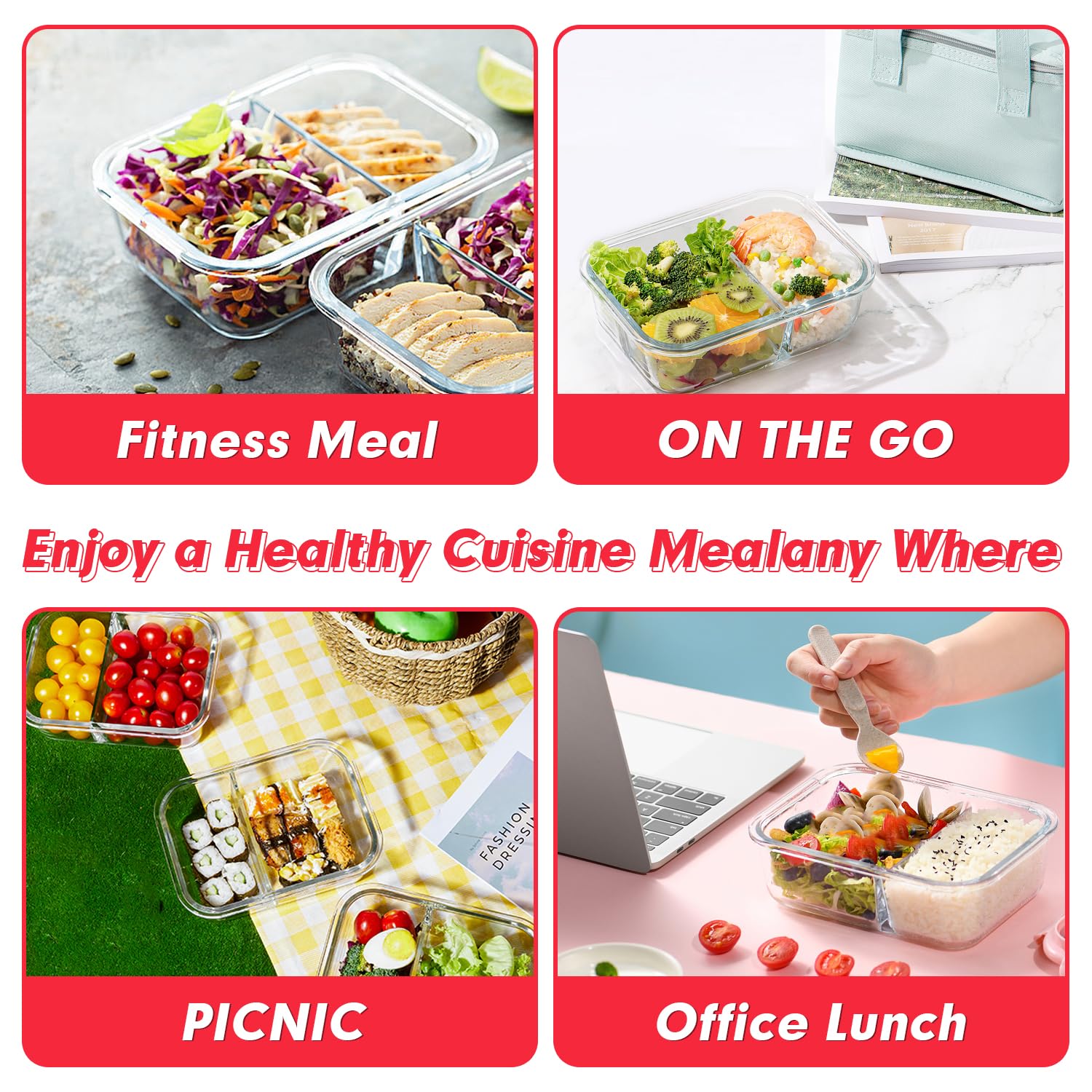 VERONES 10 PACK 30 OZ Glass Meal Prep Containers 2 Compartment Set, Red