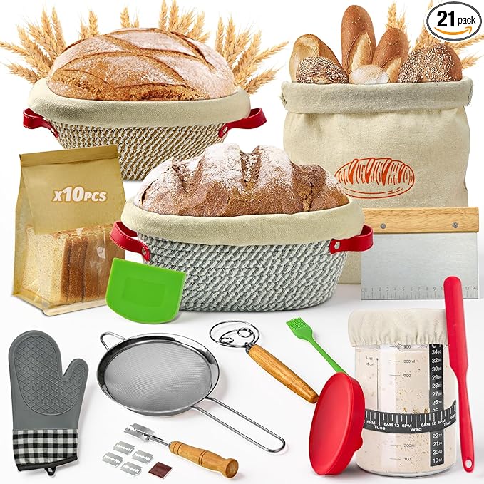 HASHMUST 33 Pcs Sourdough Starter Kit, Sourdough Bread Baking Supplies, 9'' Round & 10" Oval Cotton Rope Banneton Bread Proofing Basket Kit, Beginner Friendly Bread Making Tools with Starter Jar