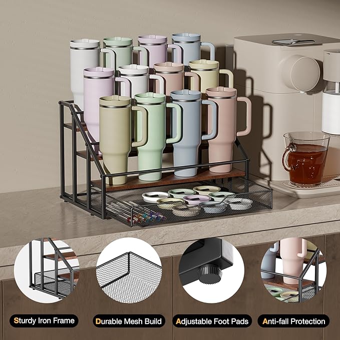 MOJOHAND 4-Tier Stanley Cup Rack with Basket for 12 Tumblers, Natural Wood