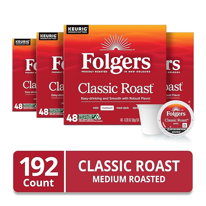 Folgers Classic Roast Coffee, Medium Roast, Keurig K-Cup Pods, 192 Count