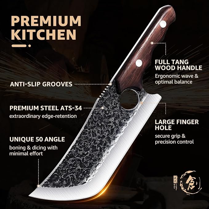 DRGSKL Hand Forged Meat Cleaver Knife with Belt Sheath and Gift Box