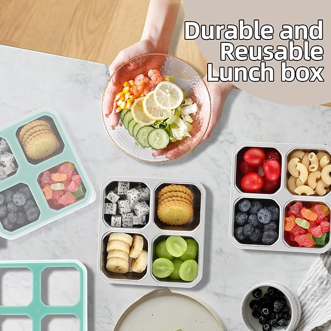 BEFOY 4 Pack Stainless Steel Snack Containers with Lids 4 Compartment Food Storage Containers for Adults & Kids Meal Prep Containers Reusablele (blue, 2)