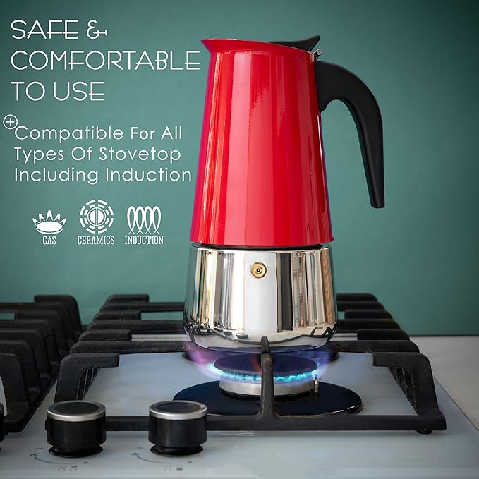 Mixpresso 9 Cup Greca Moka Pot Red Stainless Steel Stovetop Espresso Maker