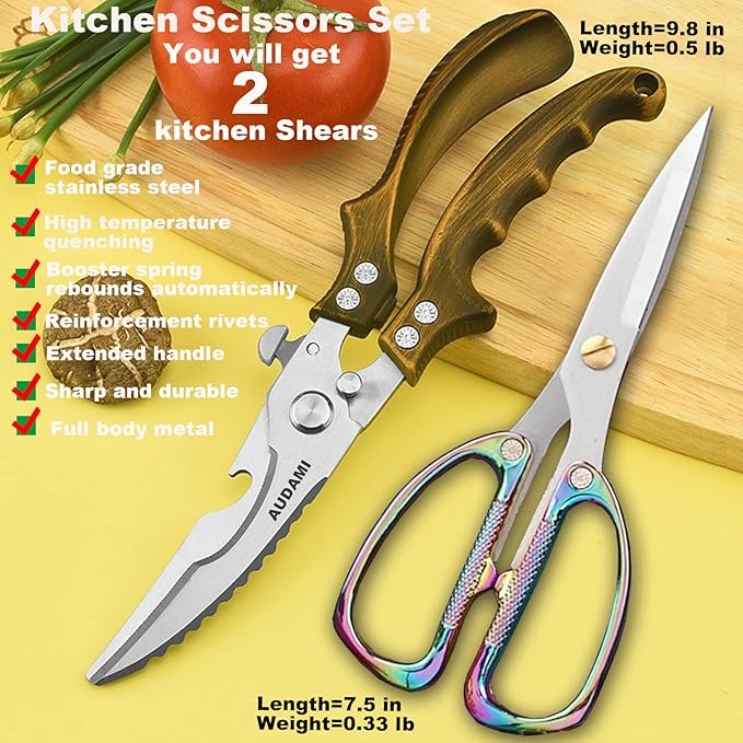 AUDAMI Poultry Shears 2-Pack, Heavy Duty Meat Scissors, Stainless Steel Spring Loaded, Turkey & Chicken Shears, Food Scissors
