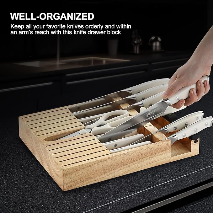 N NOBLE FAMILY In-drawer Knife Block Set, 16PCS Kitchen Knife Set with Wooden Block, Chopping Knives Set, Stainless Steel Knife Block Set, Sharp Cooking Knife Set with Cutting Board, Rust Proof, White