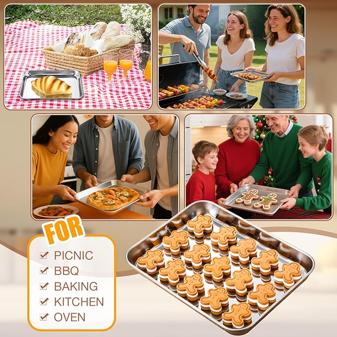 Potchen 3 Pcs Baking Sheet Pan Set Stainless Steel Cookie Sheet Small Toaster Oven Pans Tray Barbecue Grill Pan Rectangle Trays Oven Freezer Bakery, Non-stick, Easy Clean, 9 x 6.7 x 1 Inches
