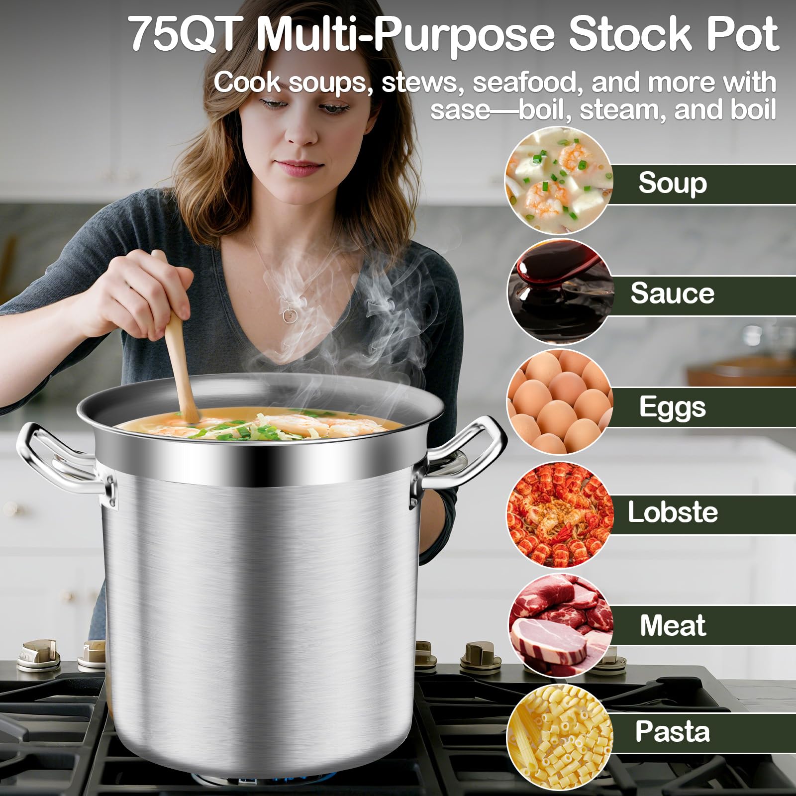 Large Stock Pot -75QT Stainless Steel Stockpot with Lid, Heavy Duty Tri-Ply Bottom Commercial Grade Stock Pot & Stockpots for Boiling Cooking Soup Stew Canning Cookware Sauce Cooking Pots