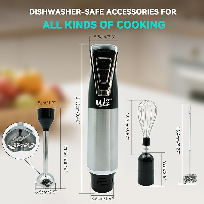 Weavelife 3-in-1 Cordless Hand Blender Set - One-Touch Control & Safety Lock, Immersion Blender with Whisk and Frother for Lattes, Desserts, Soups, Dishwasher-Safe