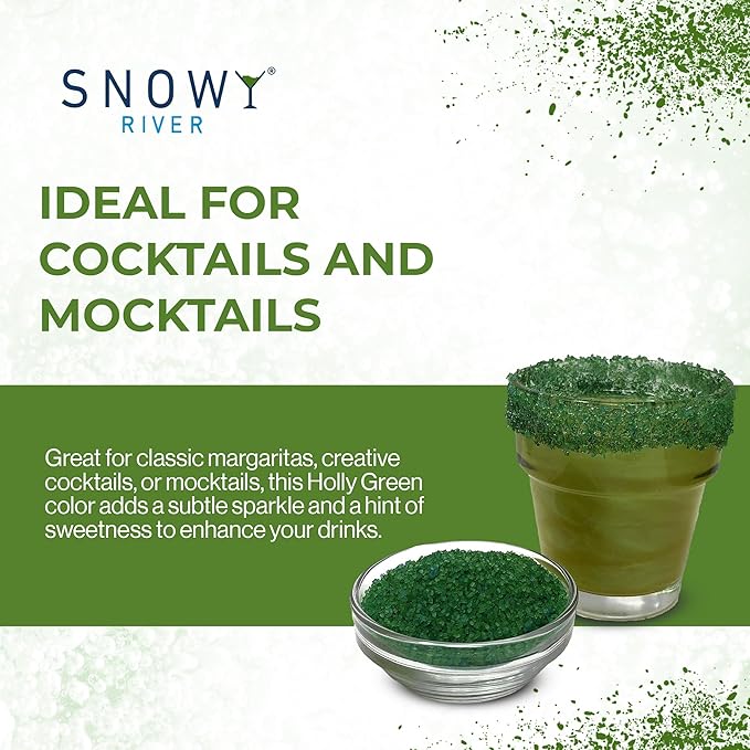 Snowy River Holly Green, Cocktail & Margarita Sugar Rimmer - Vibrant Naturally Colored Sugar for Cocktail Rimming, Baking & Decorating, Medium Crystal - 16oz