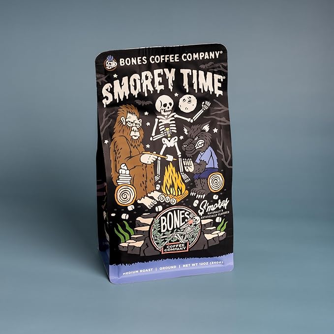 Bones Coffee Company S'morey Time Flavored Coffee - Medium Roast - Ground or Whole Bean - Low-Acid Arabica Coffee Beans - Balanced S'mores and Graham Cracker Flavor - 12 Oz