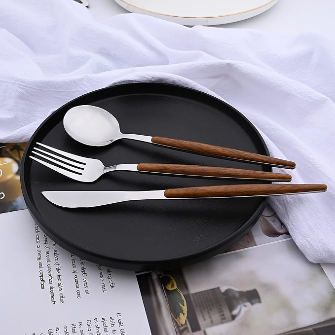 Uniturcky 16-Piece Silverware Set with Cake Fork, Silver Stainless Steel Flatware Cutlery, Eating Utensils with Wooden Effect Handle, Includes Knife, Fork, Spoon, Mirror Finish, Dishwasher Safe