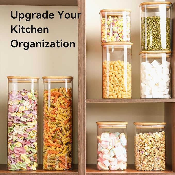 Glass Spaghetti Pasta Storage Container - 5 Pack Airtight Food Storage Jar Set with Bamboo Lid Labels - Square Kitchen Pantry Canister Organizers for Cookies Candy Coffee Bean Sugar Tea Spice Flour