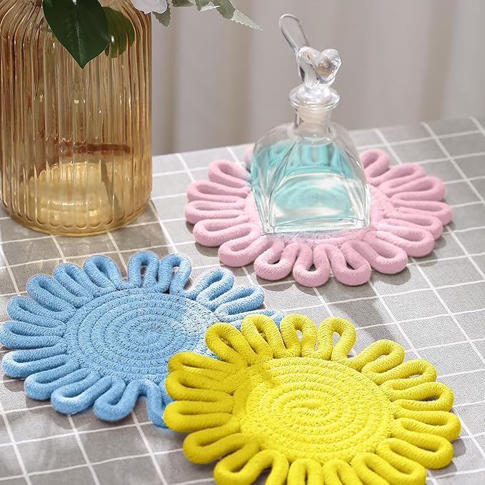 7.5 Inch Trivets for Hot Dishes, Trivet for Pots and Pans, Thick Heat Resistant Hot Pads, Potholders for Kitchen, Colorful Boho Trivets, Table Decorations, Kitchen Essentials for New Home (Blue)