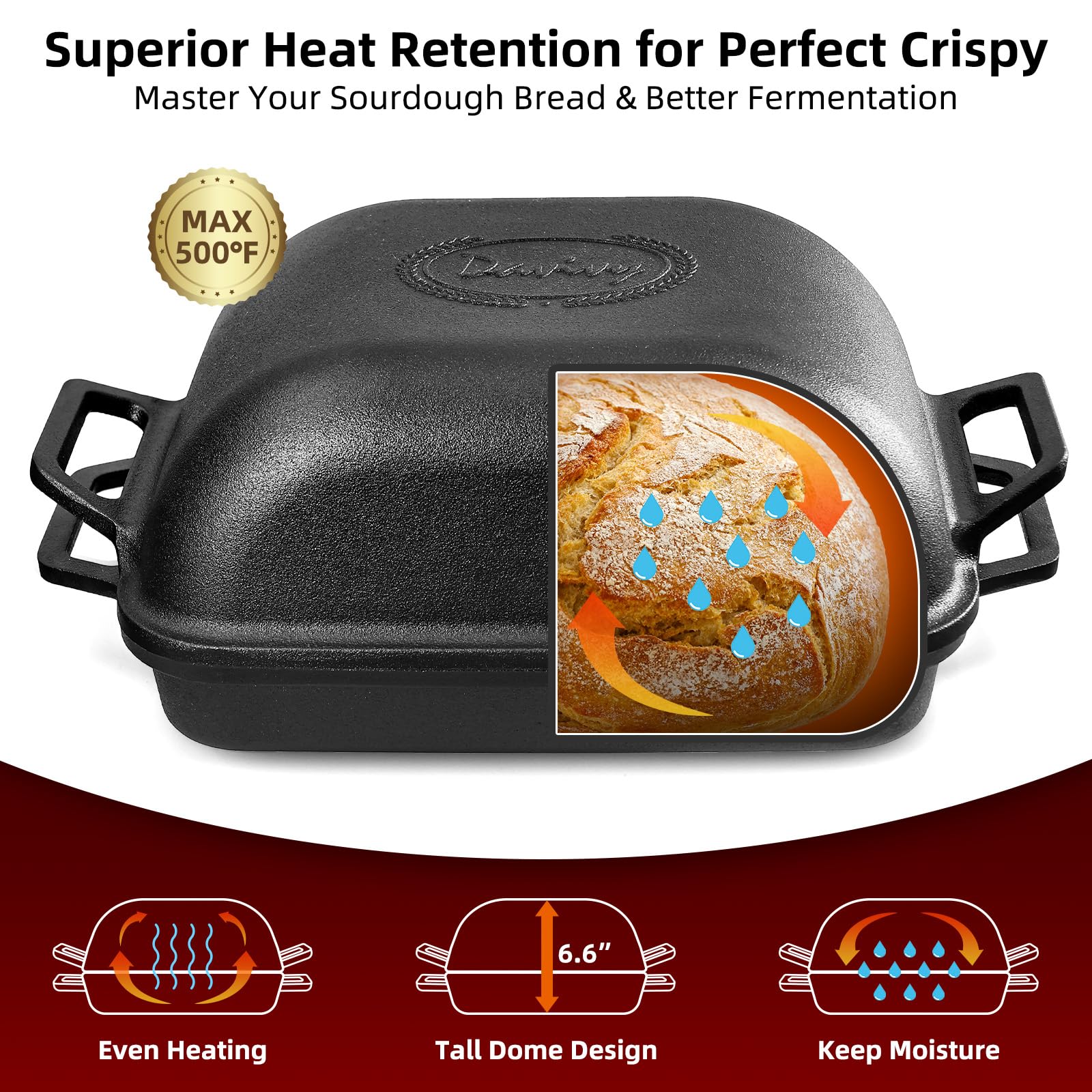 Davivy 9QT Large Cast Iron Bread Loaf Pan with Lid, Dutch Oven for Sourdough Bread Baking, Non-stick Cast Iron Sourdough Baking Pan with Lid, 12.3" x 9.2", Matte Black