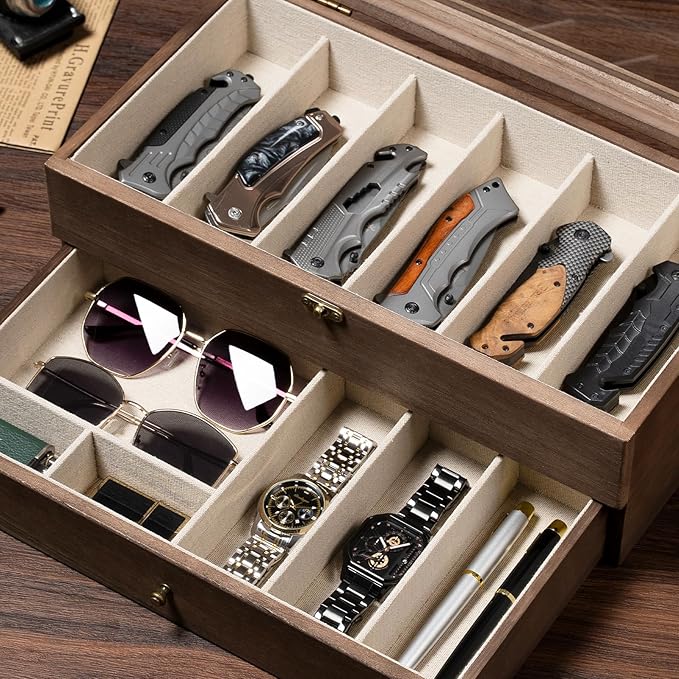 Yoimori Knife Display Case, 2-Layer Pocket Knife Case Display & Storage Knives, Solid Wood Knife Case for Collections, Gift for Boyfriend Fathers Day Birthday Gifts((Walnut)