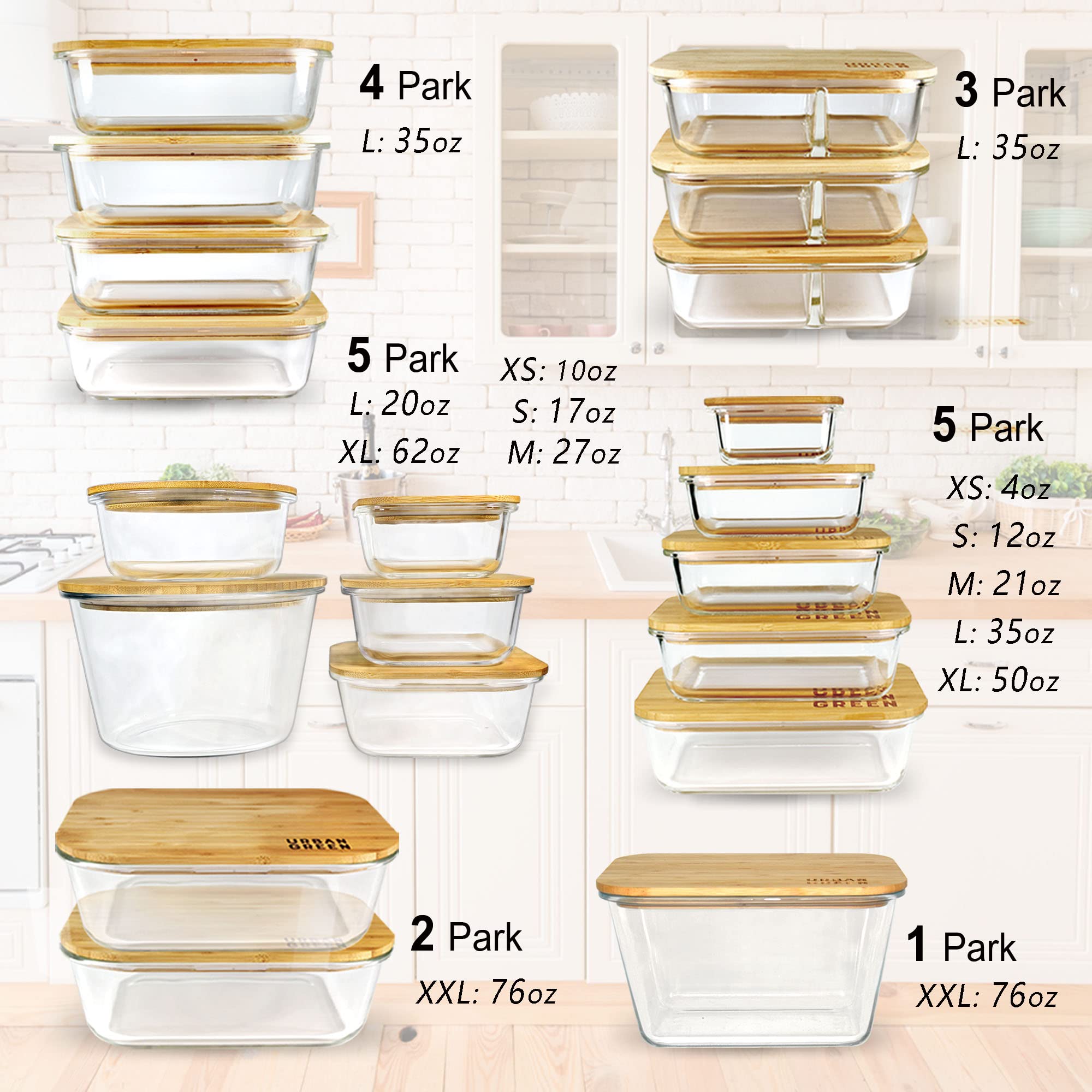 Urban Green Glass Containers with Bamboo Lids, Meal Prep Glass Food storage Container Set, 5 Pack, Pantry & Kitchen Organizer, Microwave, Oven, Freezer Safe