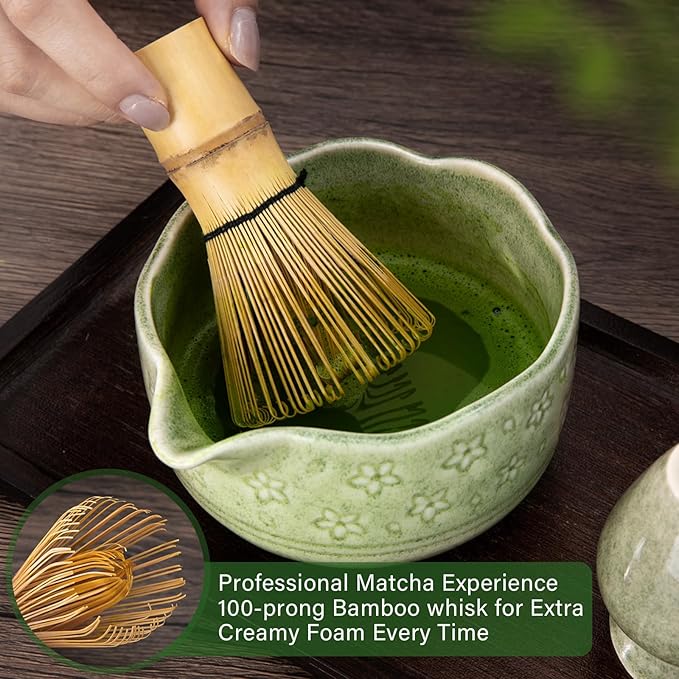 ALBISS Matcha Whisk Set, 7Pcs Ceramic Matcha Kit with Cherry Blossom Design