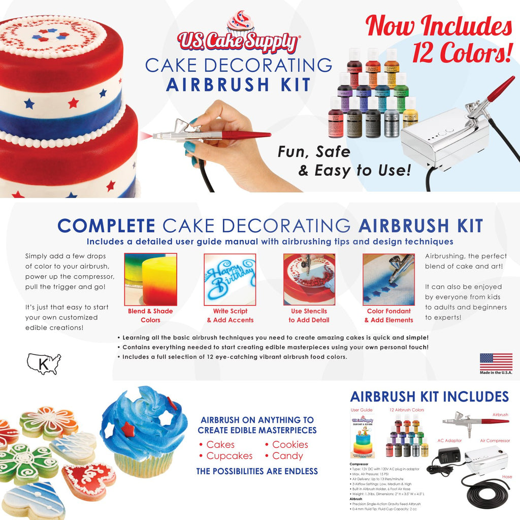 U.S. Cake Supply Complete Cake Airbrush 12 Color Decorating Kit