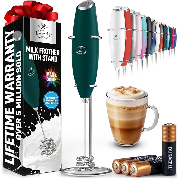 Zulay Kitchen Powerful Milk Frother Wand With Duracell Batteries - Ultra Fast Handheld Drink Mixer - Electric Whisk Foam Maker for Coffee, Lattes, Cappuccino & Matcha - Triple Whisk - Moss Green