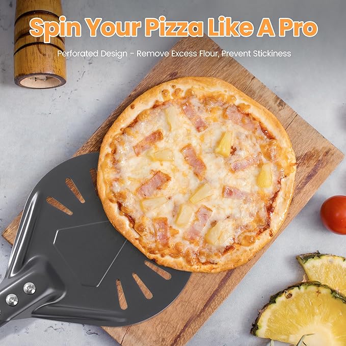 Leightszen 8” Pizza Turning Peel - Pizza Turner - Restaurant-Grade Aluminum Perforated Pizza Peel Lightweight Metal Outdoor Pizza Oven Accessories