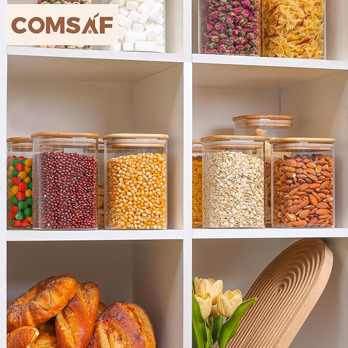 ComSaf Square Glass Containers With Lids 1.2 Qt, Set of 9 Pantry Galss Jars
