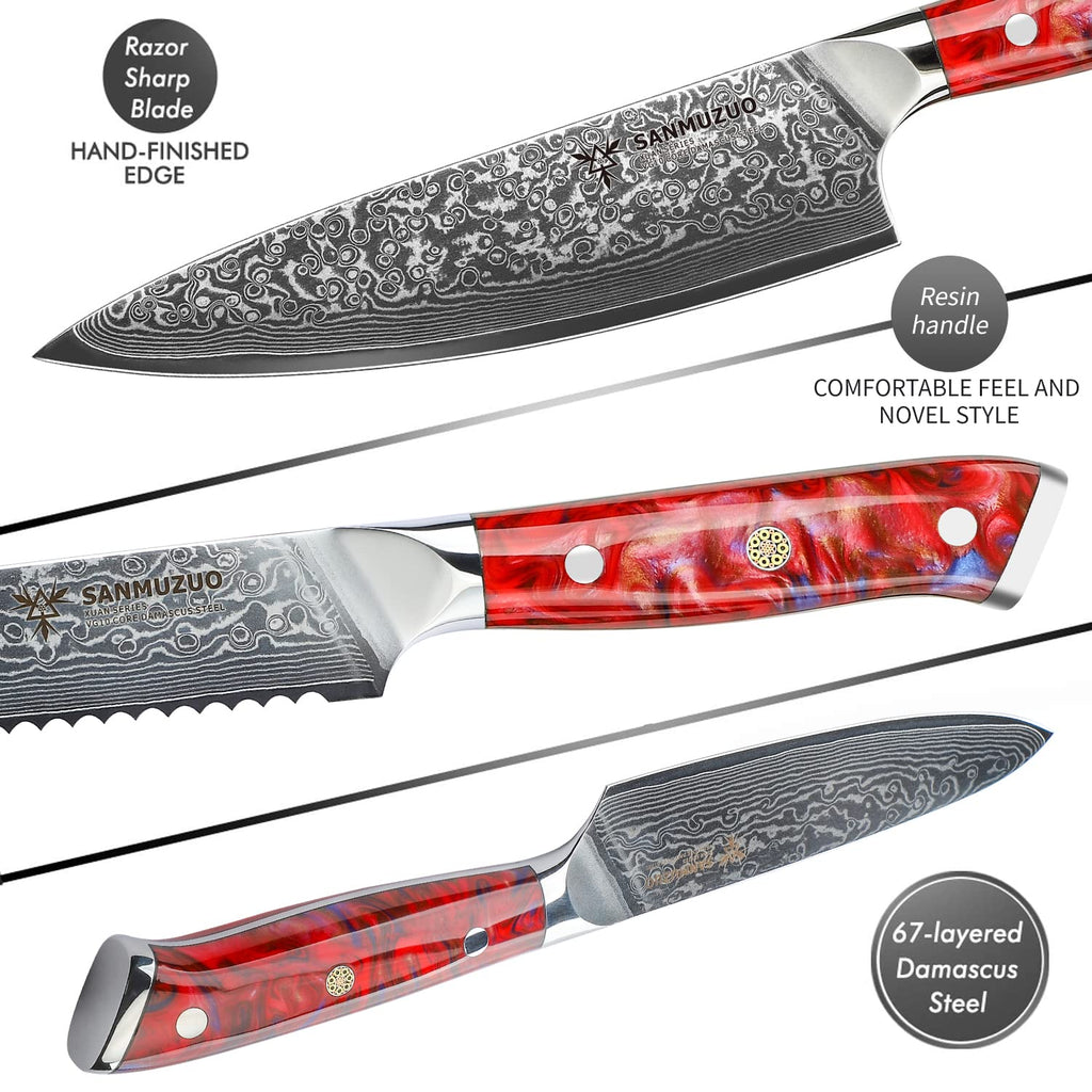 SANMUZUO Chef Cooking Knives Set- Kitchen Knife Set of 5 Piece - Ultra-Sharp VG10 Damascus Steel & Resin Handle - Xuan Series (Sunset Red)