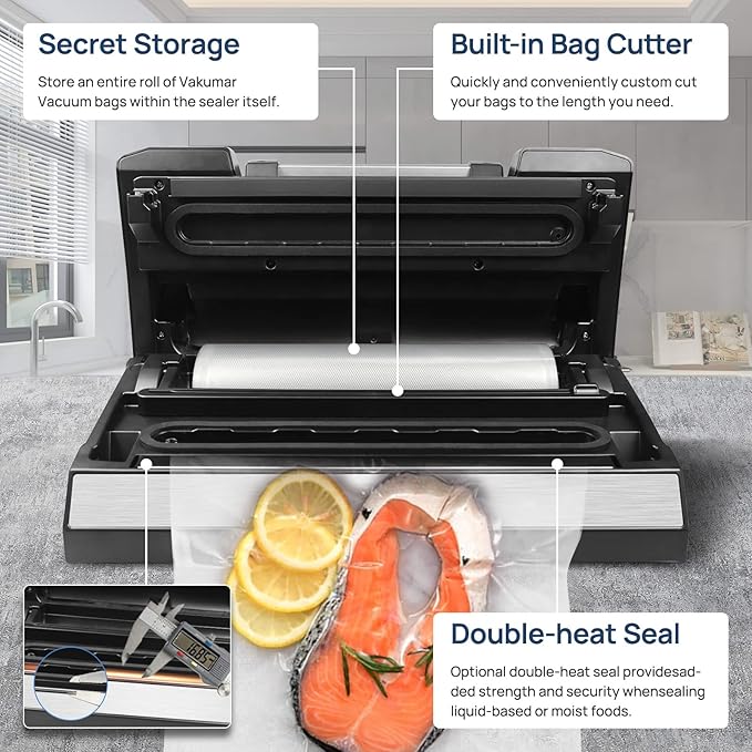 Vakumar Vacuum Sealer Machine, 90Kpa Liquid Food Vacuum Sealer Machine Preservation Dry/Moist/Liquid Modes, LED Indicator Light, Handle Locked Design, Built-in Cutter and Bag Storage, Starter Kit