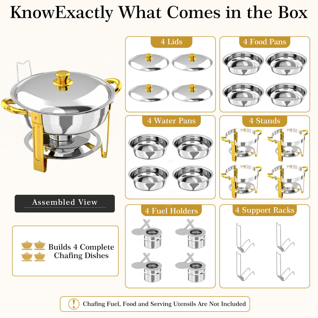 Frizoky 7QT Round Chafing Dishes for Buffet, 4 Pack, Gold Accent