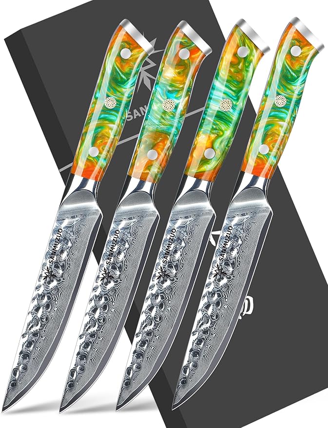 SANMUZUO Steak Knives Set of 4, Ultra Sharp Kitchen Steak Knife 5 Inch - Forged Damascus Steel & Resin Handle - Yao Series
