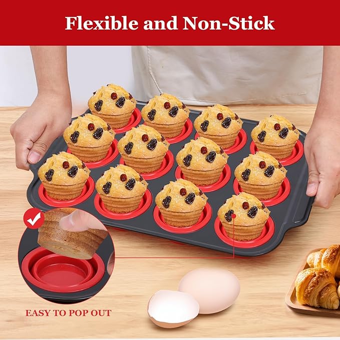 Silicone Muffin Pan, 12-Cup Nonstick Silicone Muffin Pans for Baking, Food-Grade Cupcake Pan for Oven, Microwave, Dishwasher Safe, BPA-Free Silicone Baking Mold for Muffins, Cupcakes, Egg Muffins