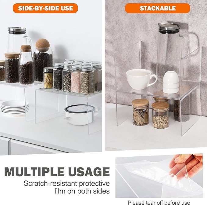 Clear Acrylic Cabinet Organizer Shelf 2Pcs, Stackable Cabinet Shelves, Dish Organizer for Cabinet, Kitchen Cabinet Organizer Riser, Pantry Cupboard Storage for Spice Bottles, Mugs, Small Plates & Jars