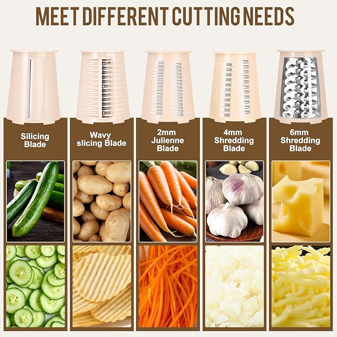 YHBRAK Rotary Cheese Grater with 5 Well-designed Blades & Strong Suction Base, Kitchen Mandoline Vegetable Slicer with Blade Storage Box(Off-white)