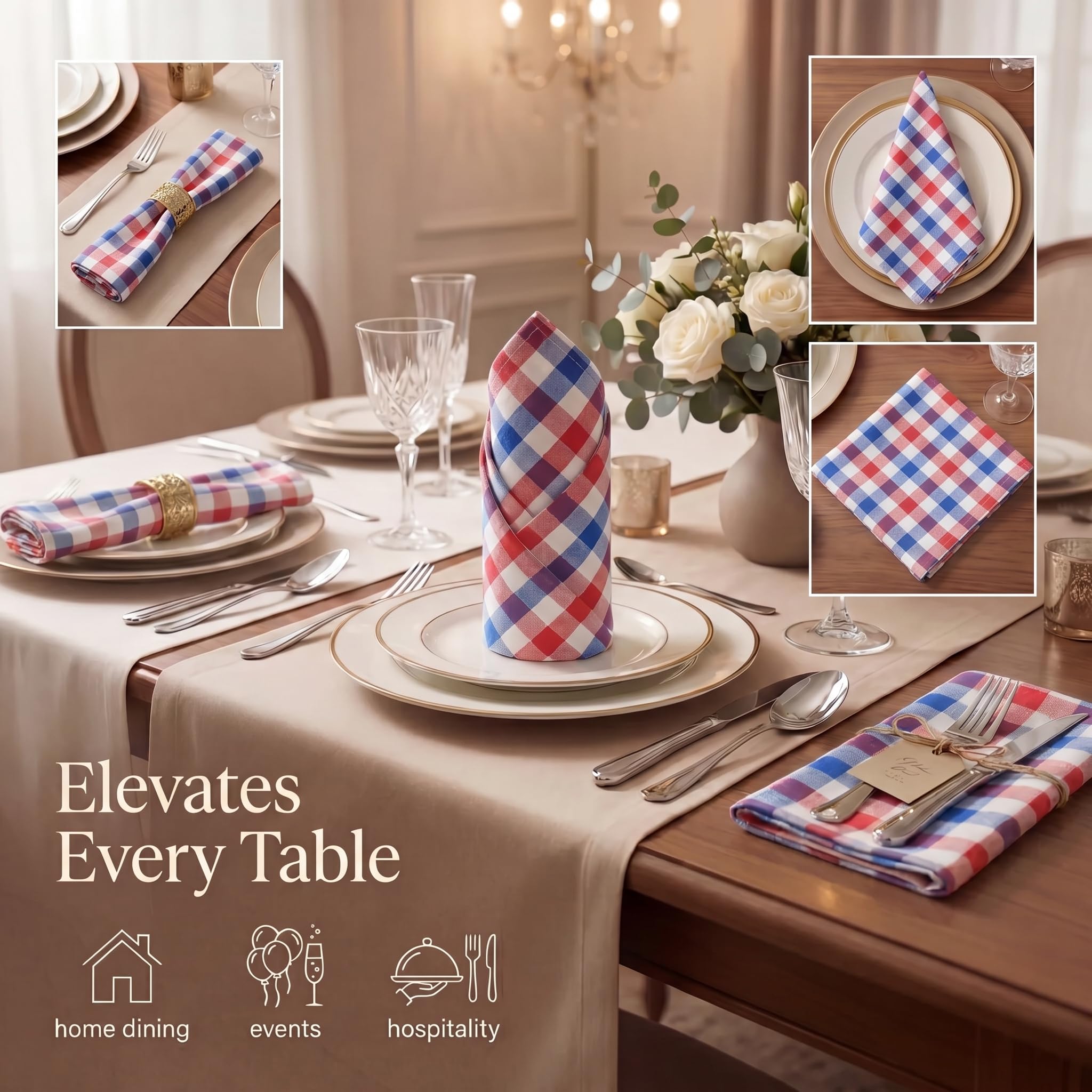 Urban Villa Cloth Napkins July4th 20x20 (Set of 12) Red/Blue